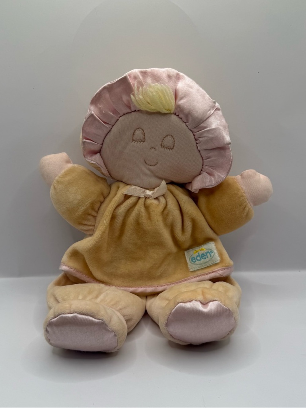 Vtg Eden So Soft Plush Baby Doll Pastel Pink Satin Trim Yarn Hair Closed Eye